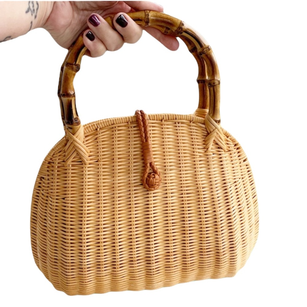 J. McLaughlin Aria Wicker Purse Tan Bamboo Handles OS Natural Color Chic